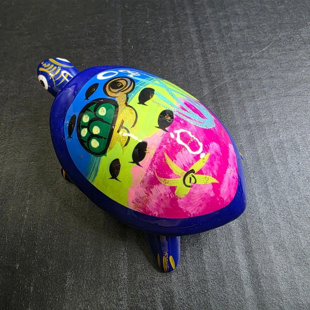 Folk Art Blue Ceramic Sea Turtle Trinket Box Talavera Decor Jewelry Dish